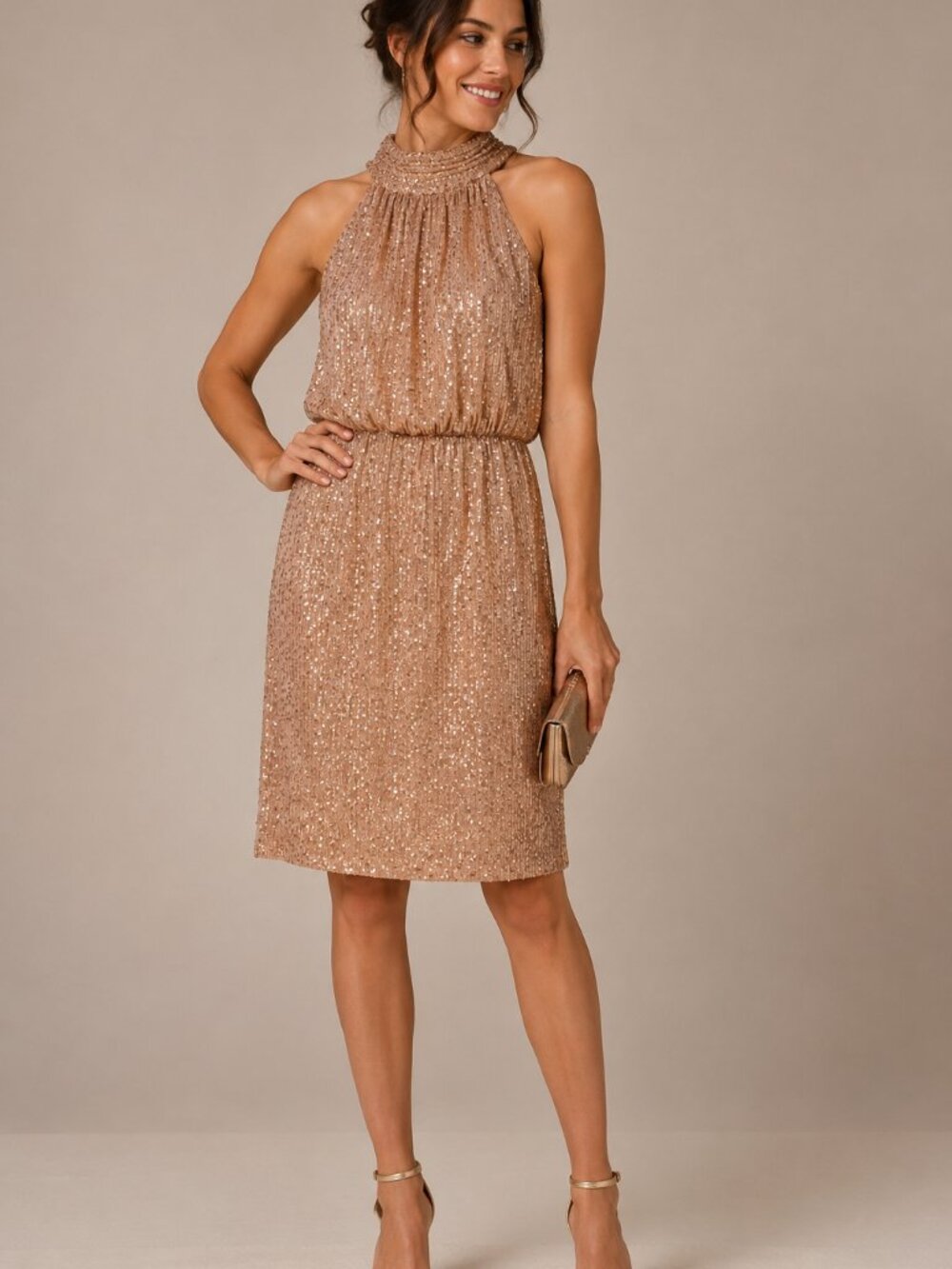 Eliza J Rose Gold Sequin Halter Cocktail Dress Size 12